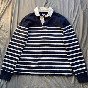 Vintage navy blue and white striped long sleeve rugby shirt